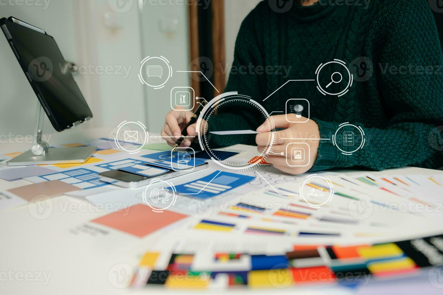 UX graphic designer planning application process development prototype wireframe for web smart phone. photo