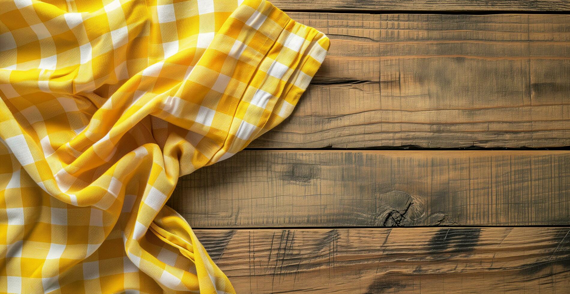 AI generated Top view of yellow checkered tablecloth on blank empty wooden table background banner, food concept photo