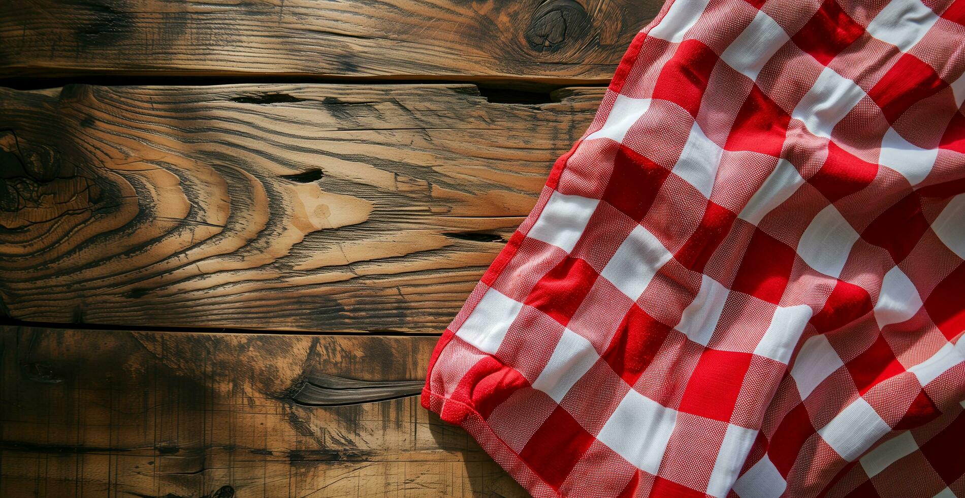 AI generated Top view of red checkered tablecloth on blank empty wooden table background banner, food concept photo