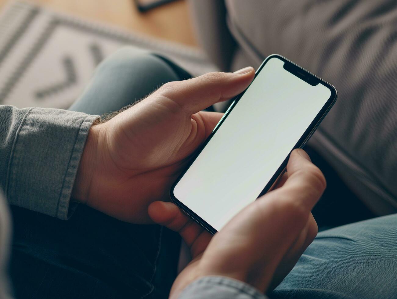 AI generated Young man hands holding smartphone mockup white blank display, empty screen for social media app at home photo