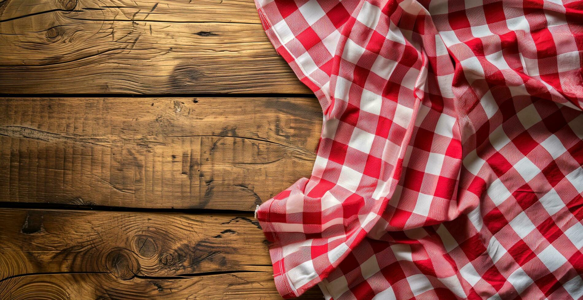 AI generated Top view of red checkered tablecloth on blank empty wooden table background, food concept photo