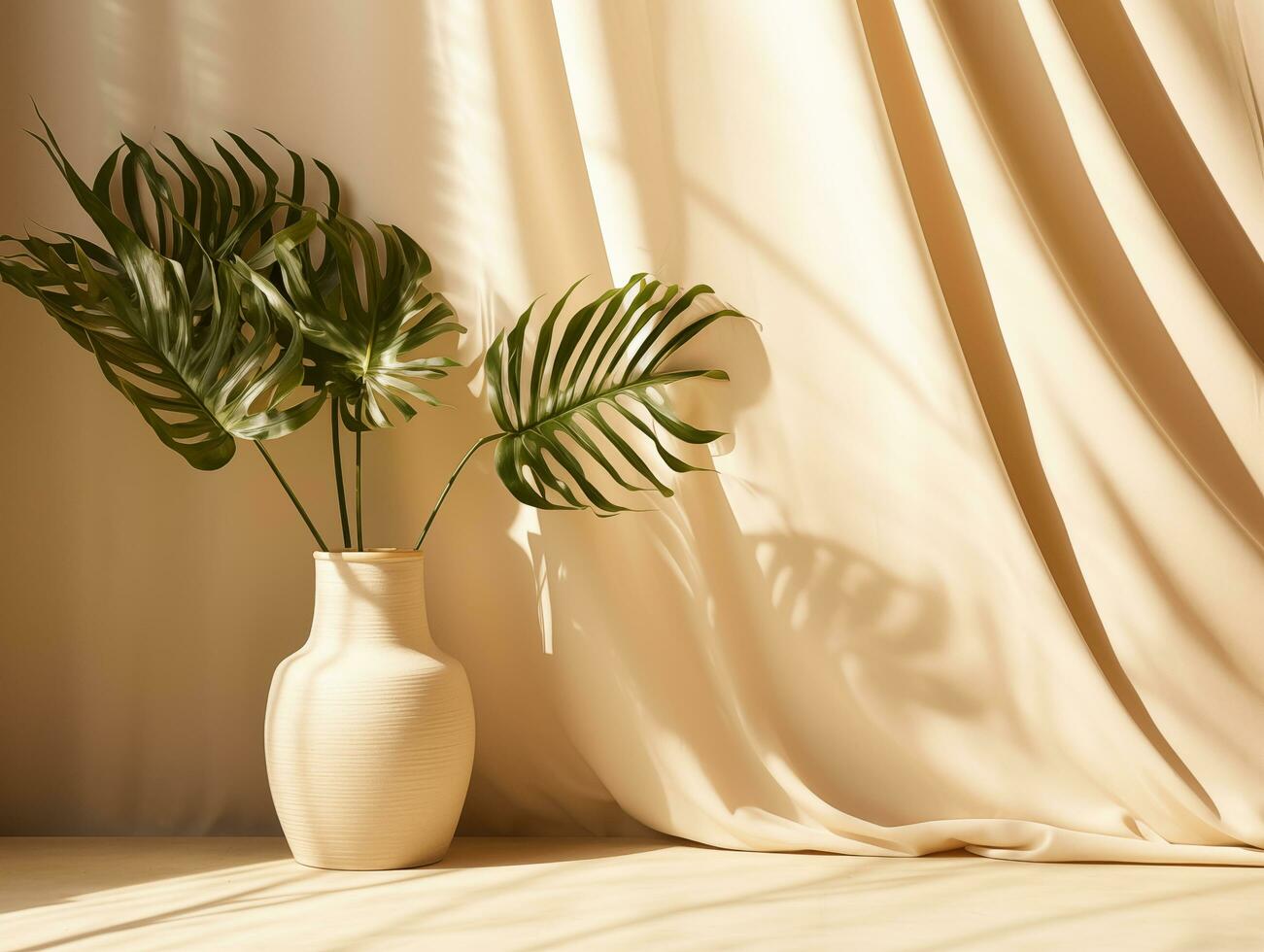 AI generated Modern summer minimal of plant in sunlight with long shadows on beige wall background, interior lifestyle Mediterranean scene photo
