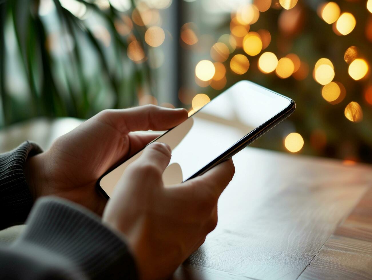 AI generated Young man hands holding smartphone mockup white blank display, empty screen for social media app at home photo