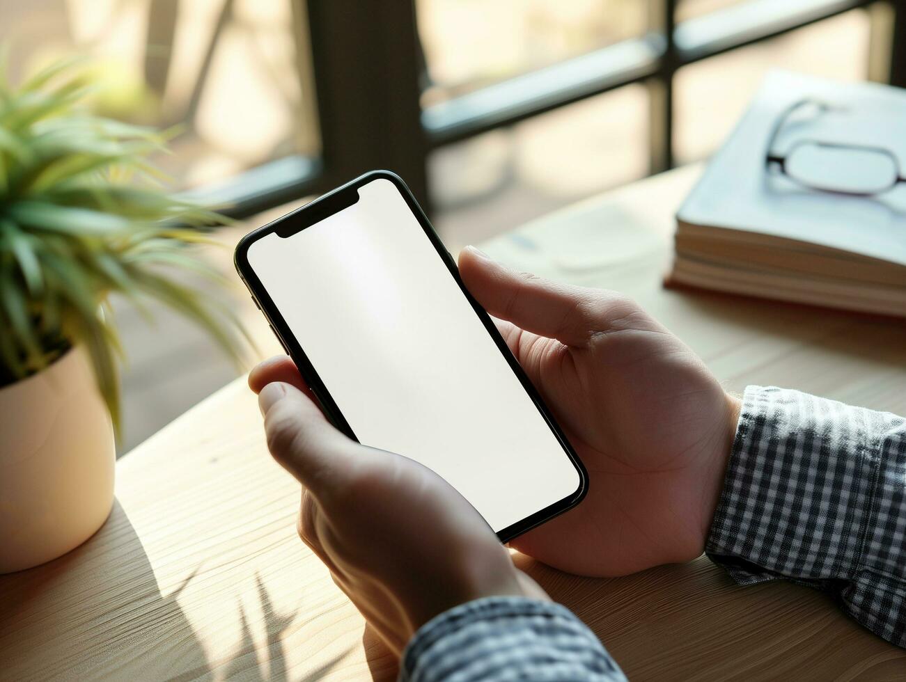 AI generated Businessman hands holding smartphone mockup white blank display, empty screen for social media app at office photo