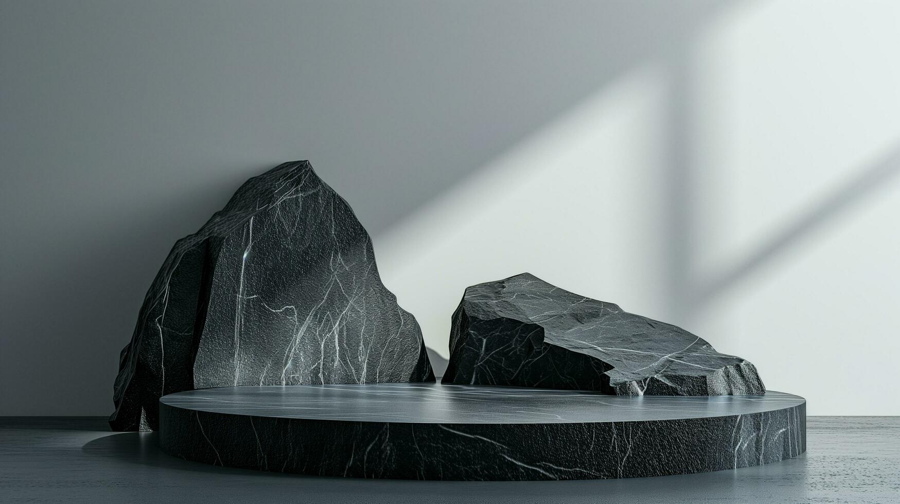 AI generated Minimal black dark circle podium rough surface rock geometric Stone and Rock shape background, mockup for podium display or showcase photo