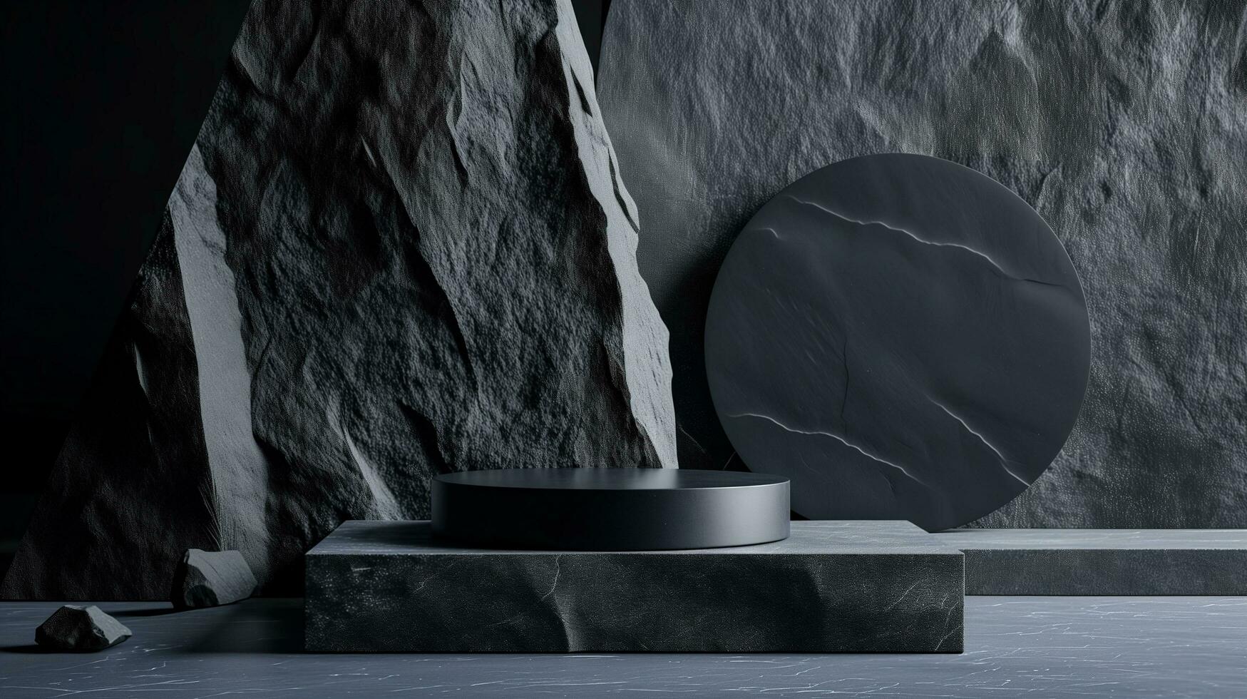 AI generated Minimal black dark circle podium rough surface rock geometric Stone and Rock shape background, mockup for podium display or showcase photo