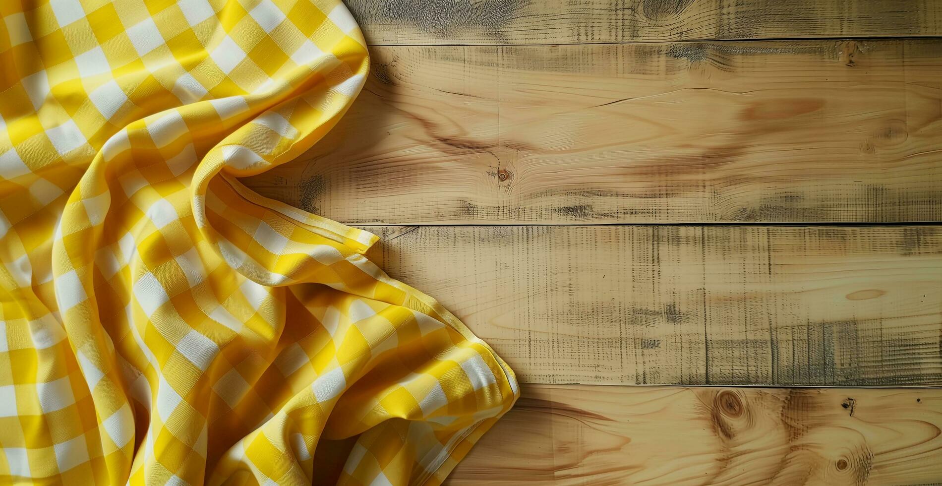 AI generated Top view of yellow checkered tablecloth on blank empty wooden table background banner, food concept photo