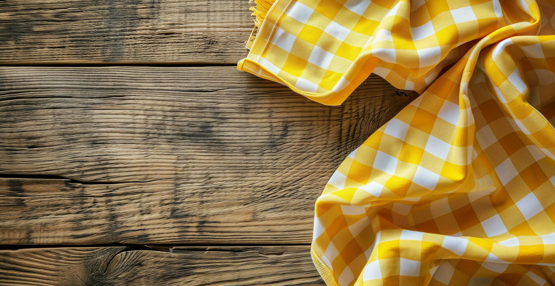 AI generated Top view of yellow checkered tablecloth on blank empty wooden table background banner, food concept photo