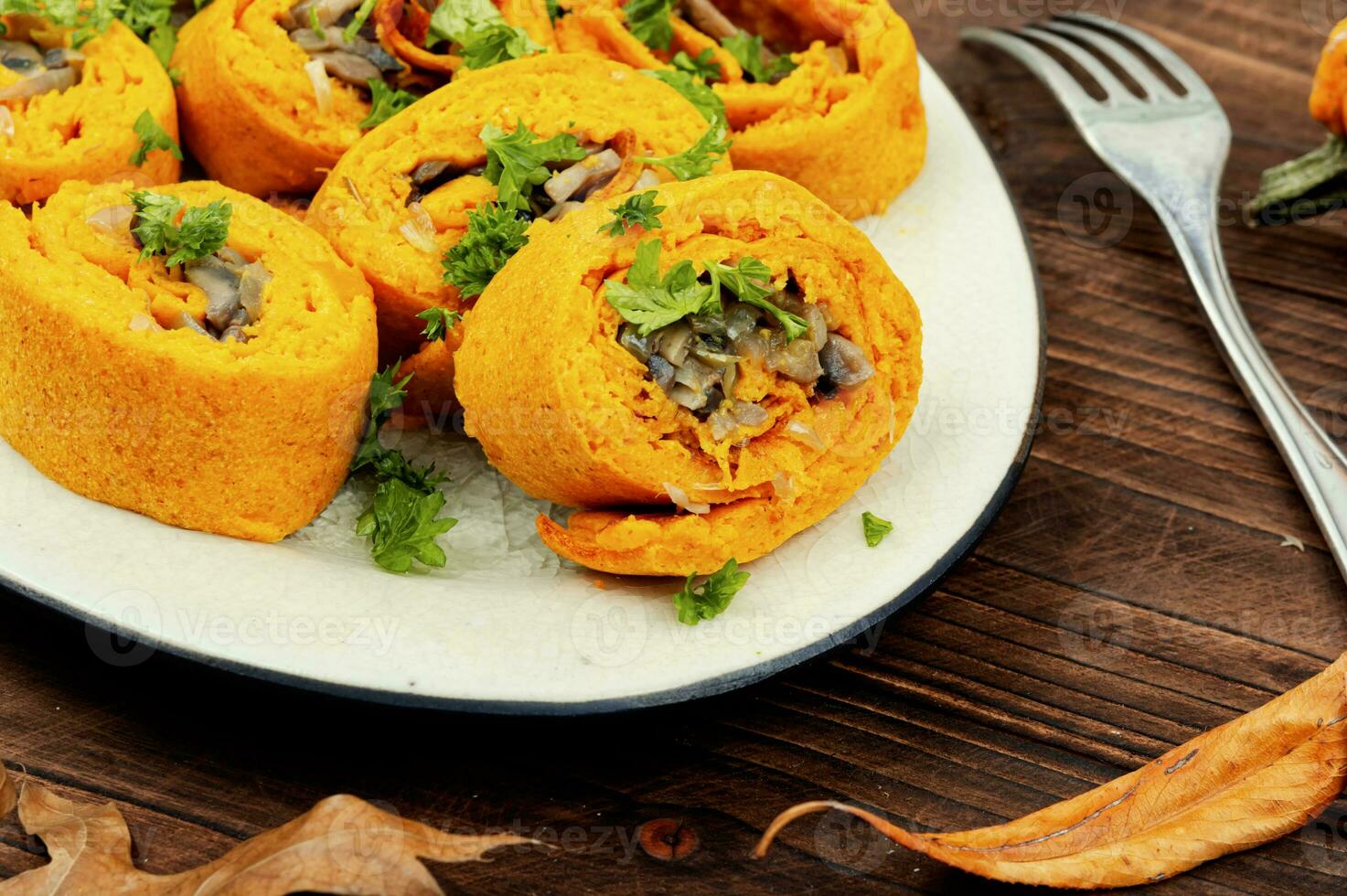 Pumpkin rolls, pie with mushrooms photo