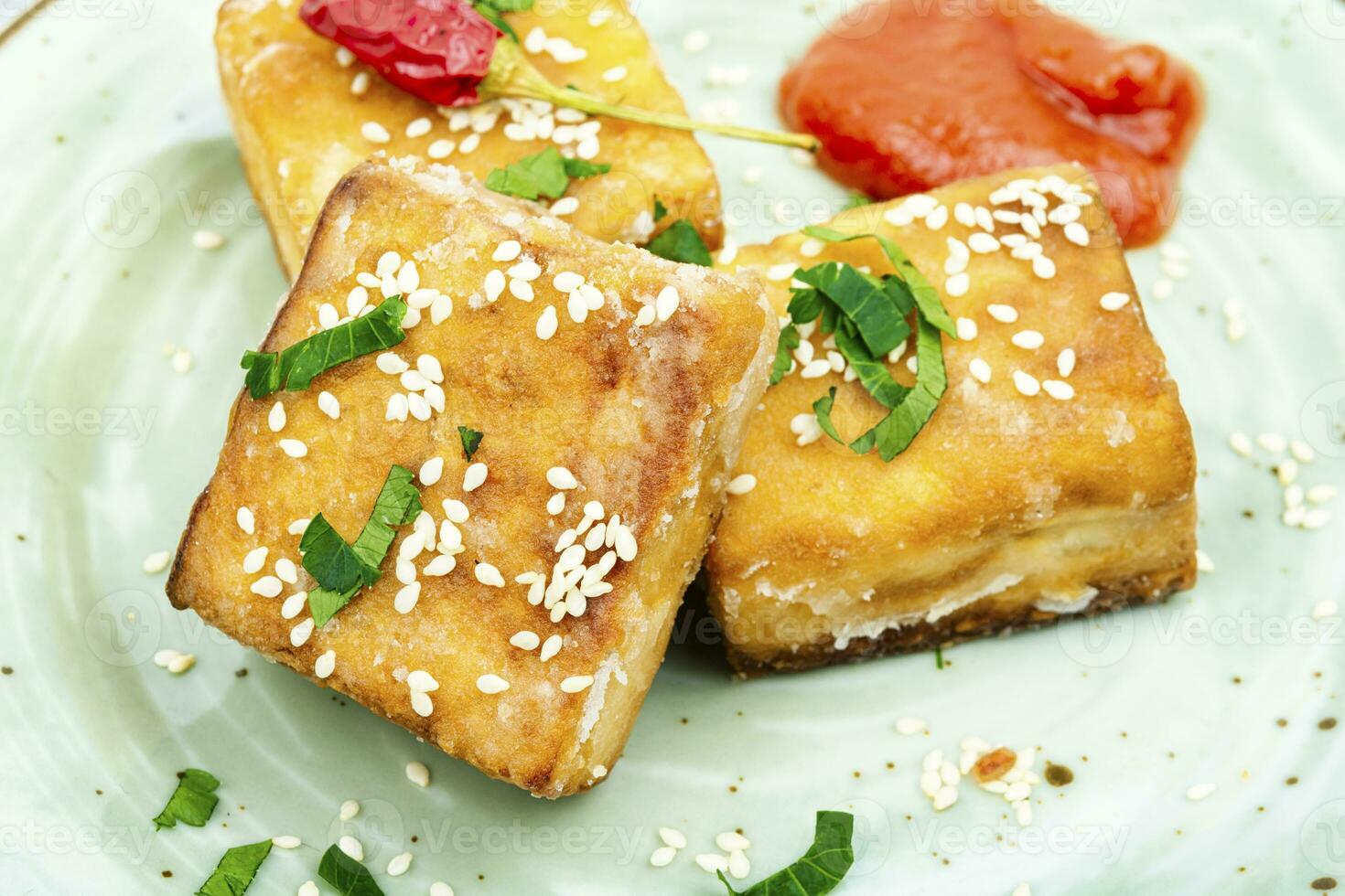 Fried soy cheese tofu, vegan food. photo