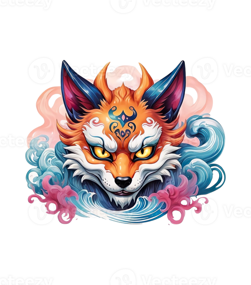 AI generated kitsune mascot with color wrapping for t-shirt images ready to print png
