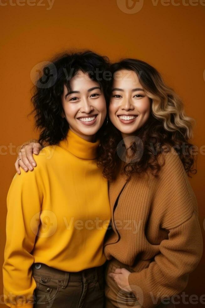 AI generated Models Of Different Ethnicity posing cheerful together on yellow background. AI Generated photo