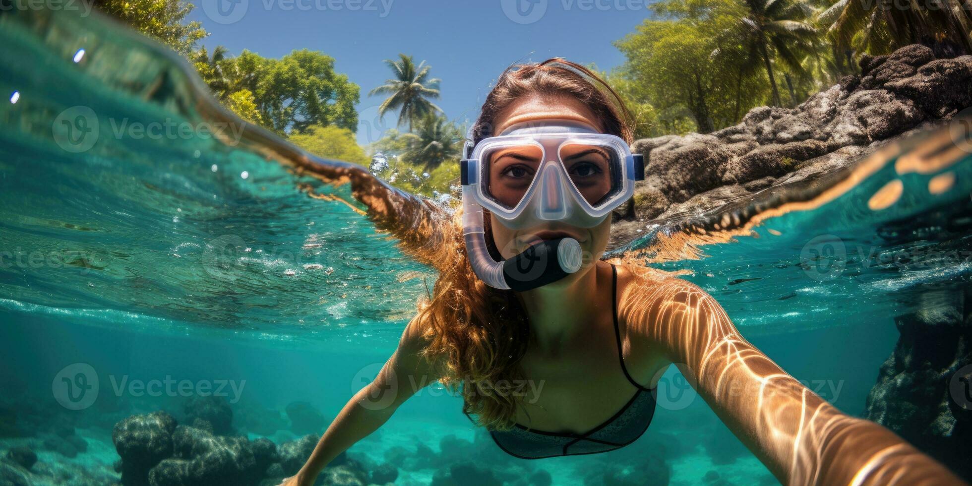AI generated Underwater shoot of a young lady snorkeling and doing skin diving in a tropical sea. AI Generated photo