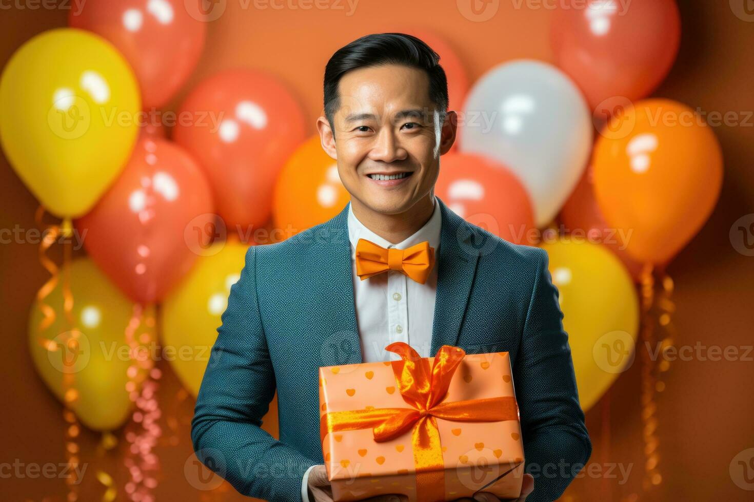 AI generated happy japanese birthday man holding with gift box, balloons in the background. AI Generated photo