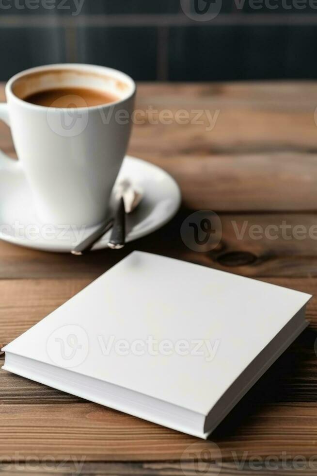 AI generated White book cover mockup on wooden coffee table. AI Generated photo