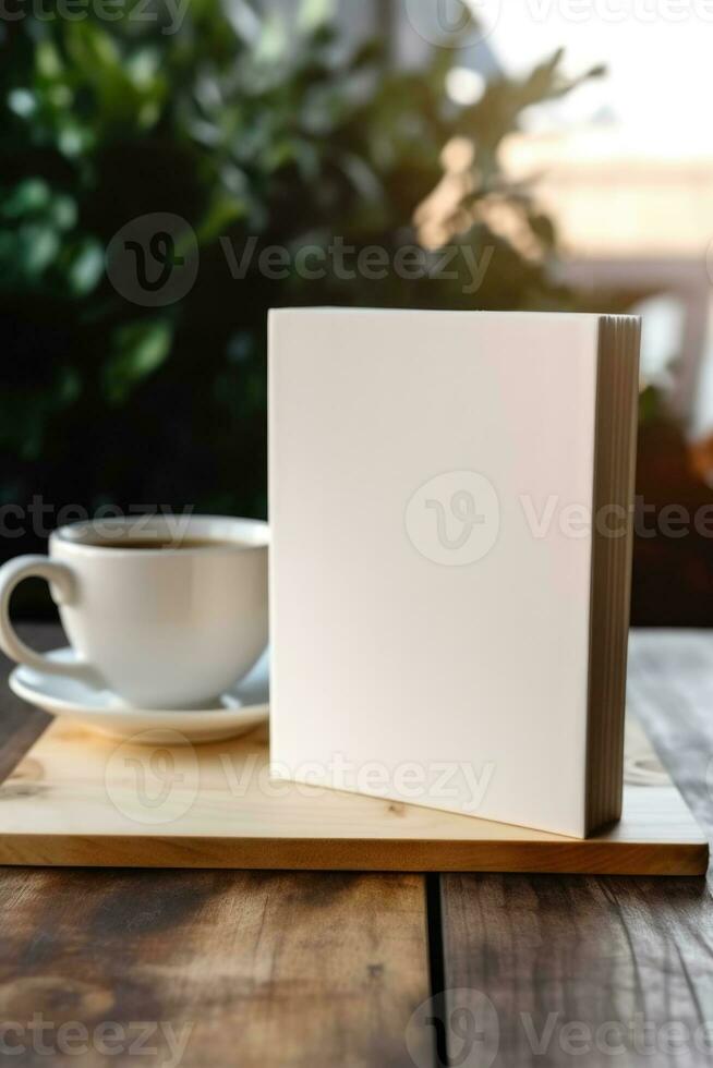 AI generated White book cover mockup on wooden coffee table. AI Generated photo