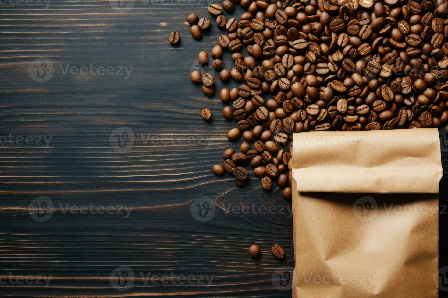 AI generated Blank brown Kraft paper bag with coffee beans on wooden background. AI Generated photo