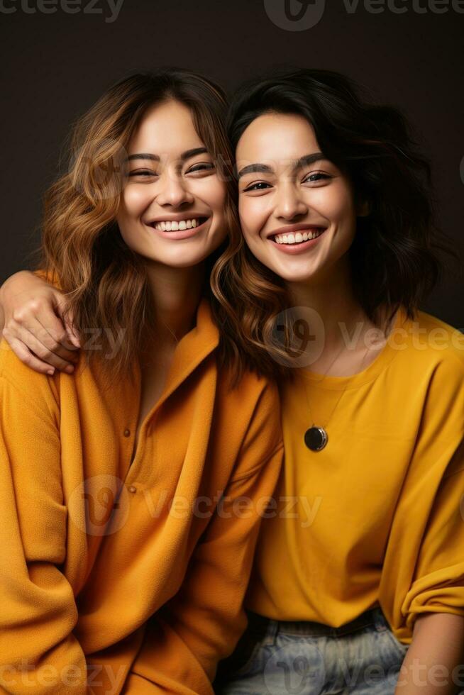 AI generated Models Of Different Ethnicity posing cheerful together on yellow background. AI Generated photo