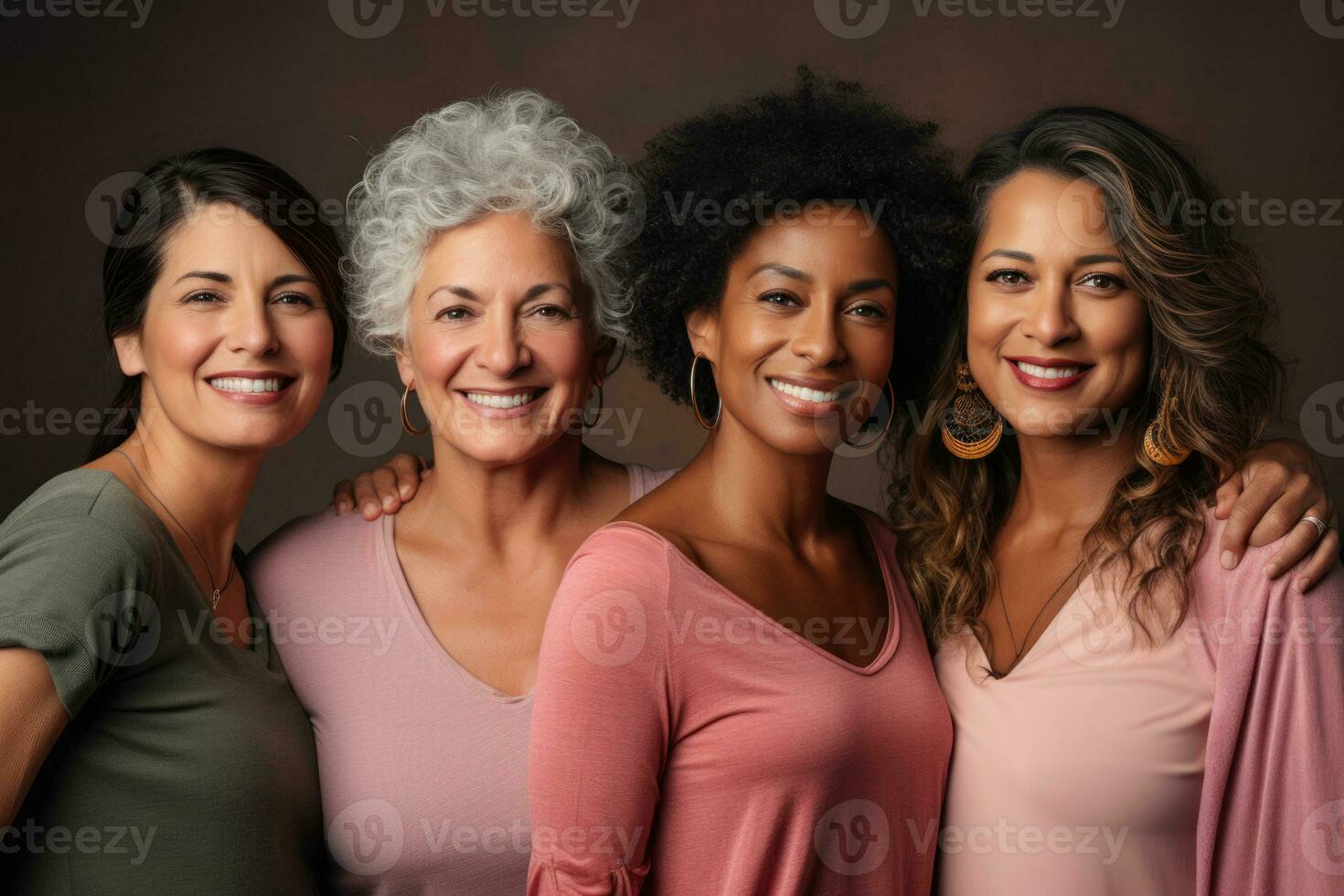 AI generated Group of multiracial females having fun against a brown background. AI Generated photo