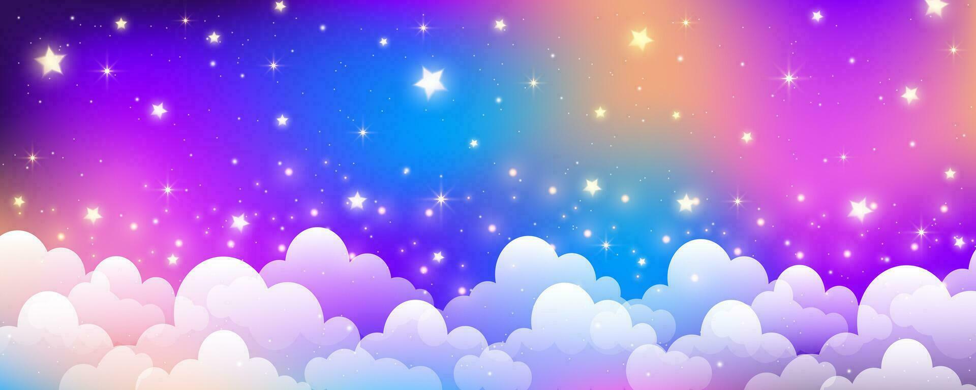 Fantasy pink unicorn background with clouds and stars. Pastel color sky. Magical landscape, abstract fabulous pattern. Cute candy wallpaper. Vector. vector