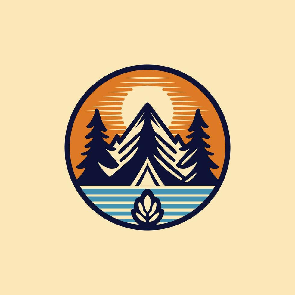 Clásico aventuras al aire libre insignia. cámping emblema logo con montaña y árbol ilustración vector