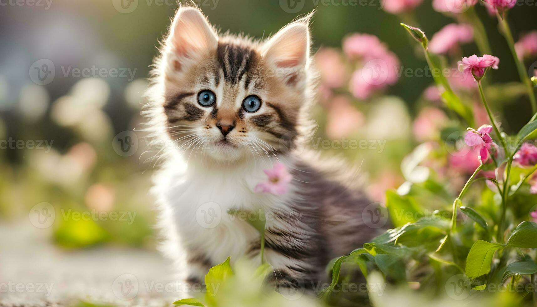 ai generado un gatito es sentado en el césped con flores foto