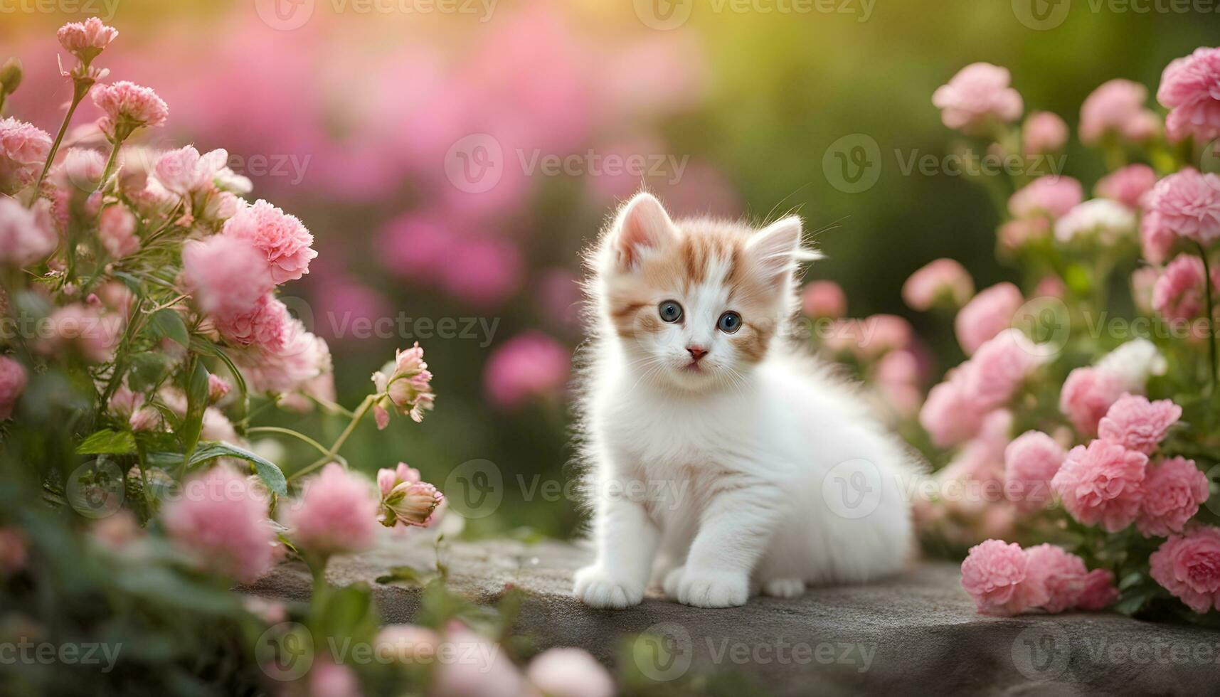 AI generated a white kitten sitting in front of pink flowers photo