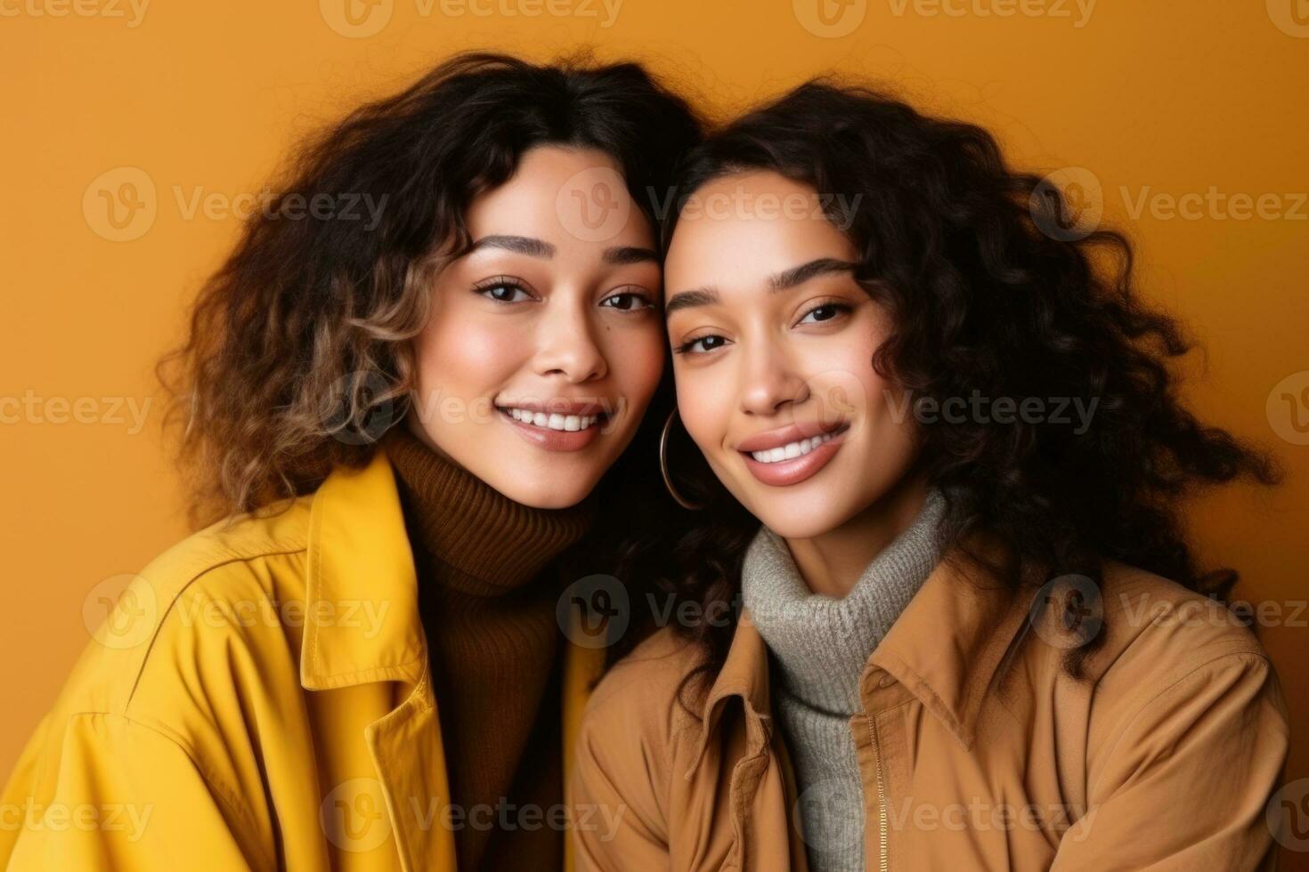 AI generated Models Of Different Ethnicity posing cheerful together on yellow background. AI Generated photo