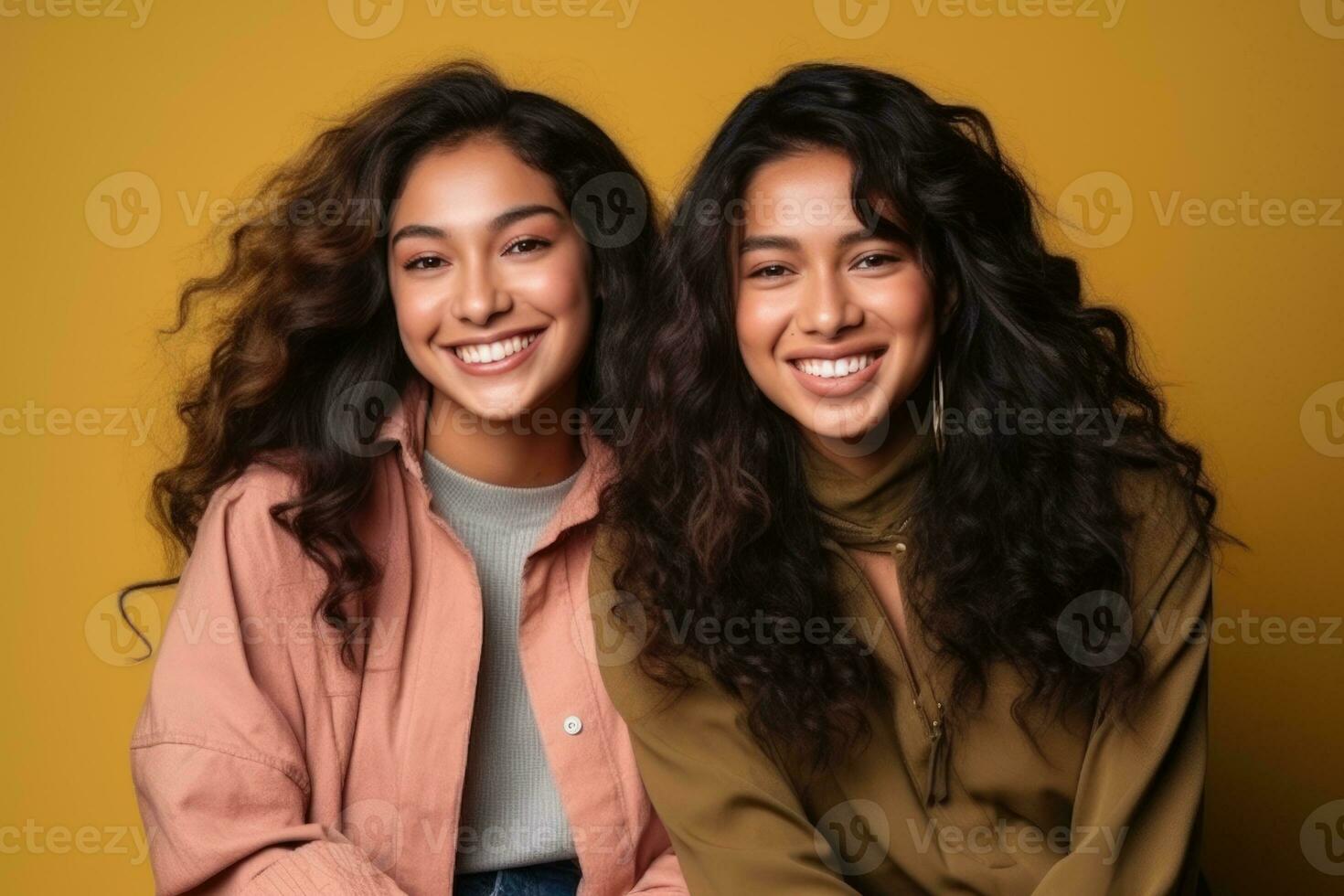 AI generated Models Of Different Ethnicity posing cheerful together on yellow background. AI Generated photo