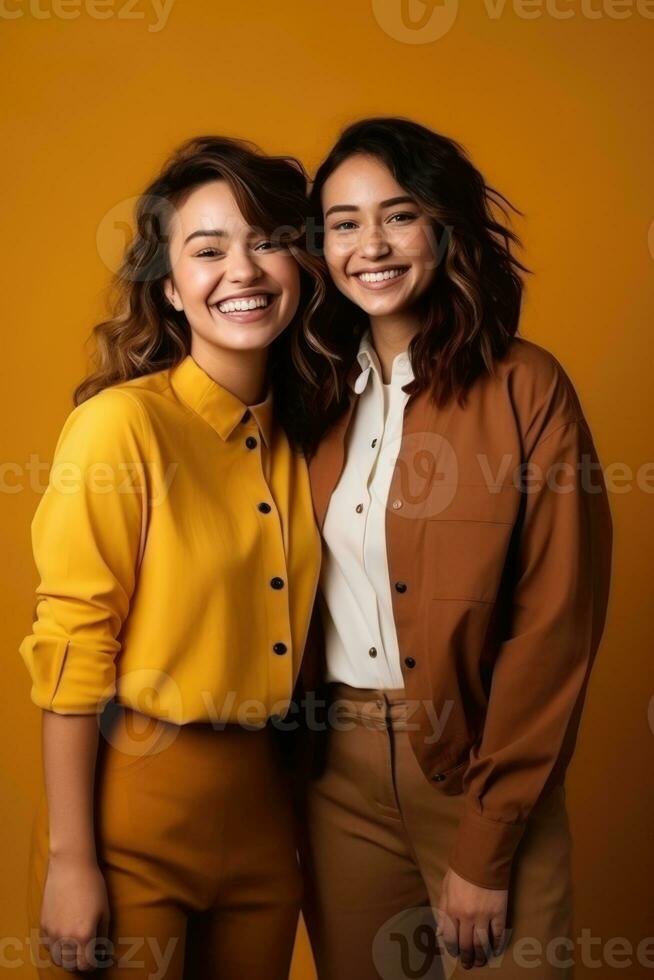 AI generated Models Of Different Ethnicity posing cheerful together on yellow background. AI Generated photo