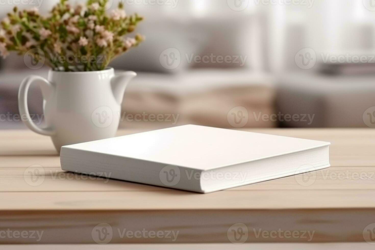 AI generated White book cover mockup on wooden coffee table. AI Generated photo