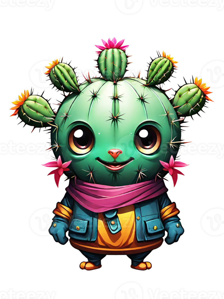 AI generated Cactus cartoon character with flowers illustration on transparent background png