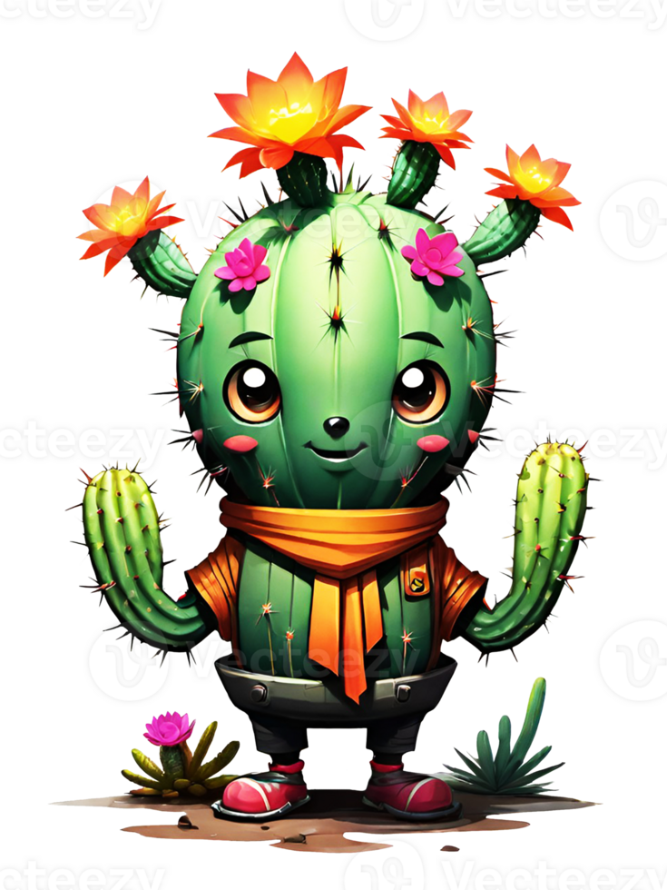 AI generated Cute cactus cartoon character isolated on transparent background illustration png