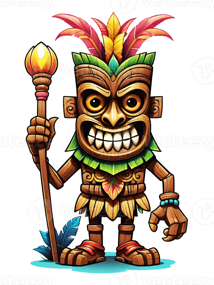 AI generated Tiki wooden tribal mascot cartoon character hawaiian ornaments on transparent background illustration png