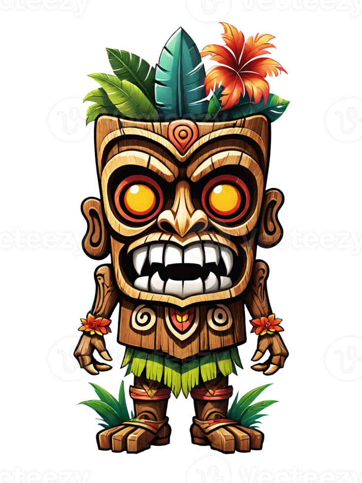 AI generated Tiki wooden tribal mascot cartoon character hawaiian ornaments on transparent background illustration png