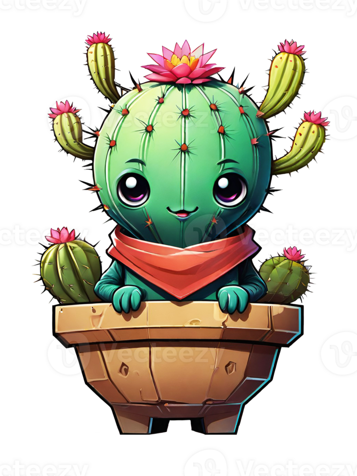 AI generated Cute cactus cartoon character isolated on transparent background illustration png