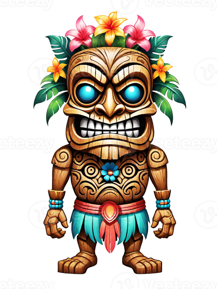 AI generated Tiki mask cartoon character with flowers and leaves on transparent background png