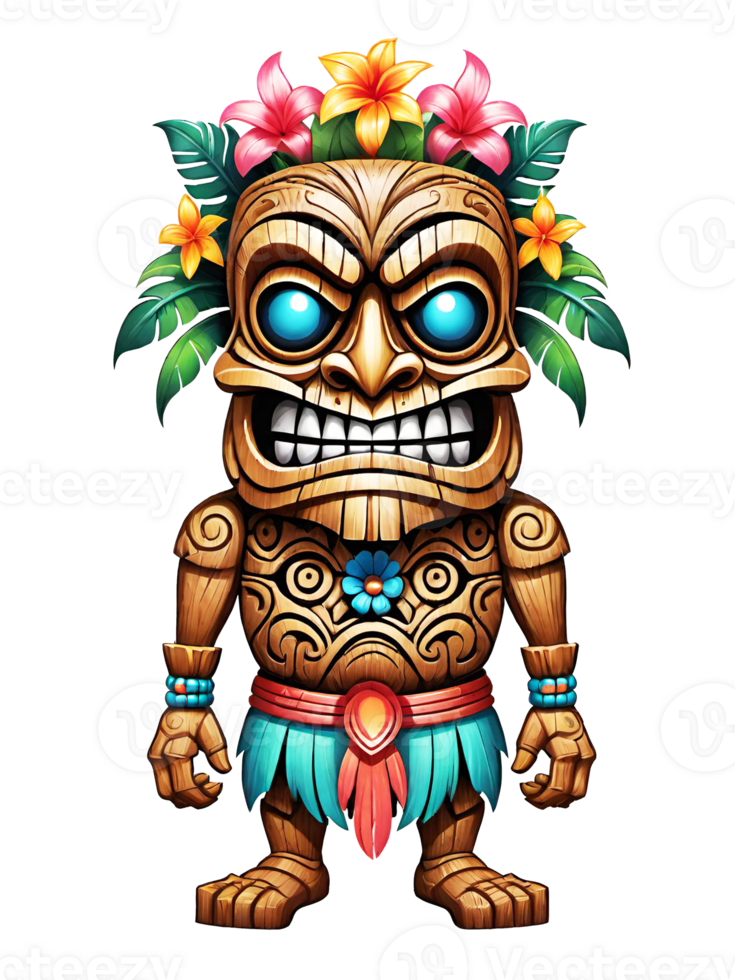 ai gerado tiki mascarar desenho animado personagem com flores e folhas em transparente fundo png