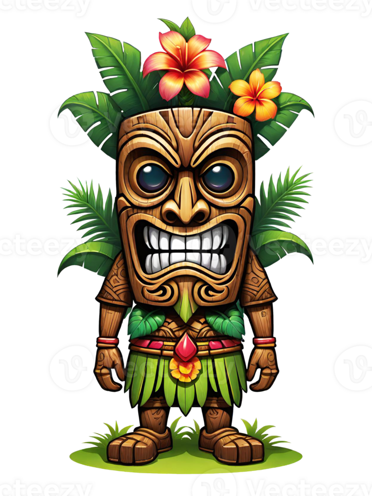 ai gegenereerd tiki houten tribal mascotte tekenfilm karakter hawaiiaans ornamenten Aan transparant achtergrond illustratie png