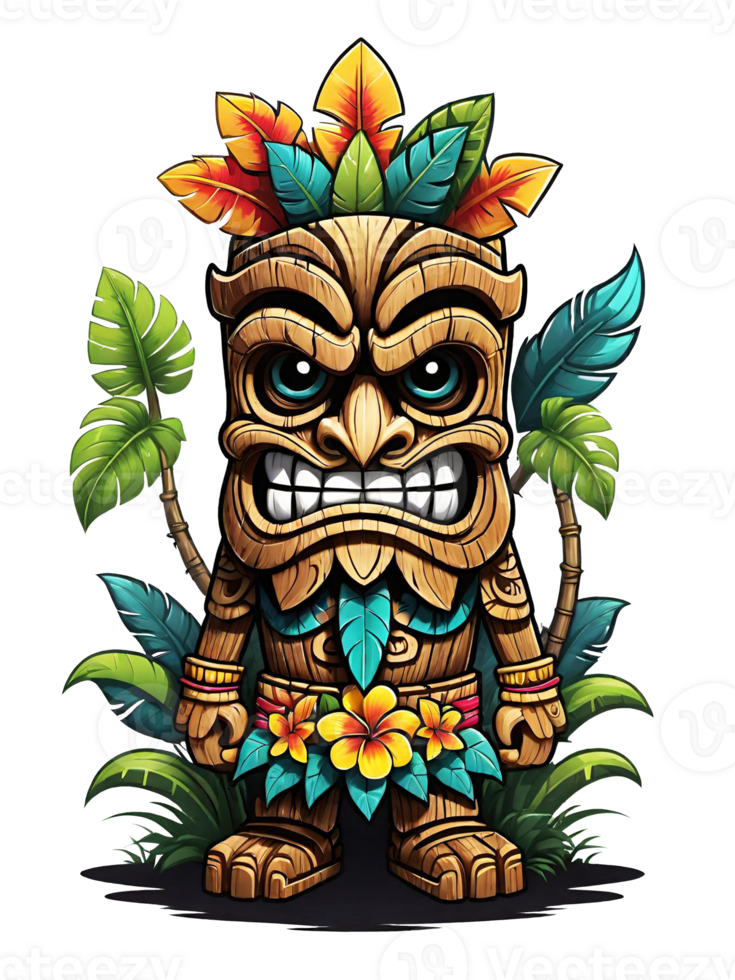 ai generiert Tiki Maske Karikatur Charakter mit Blumen und Blätter auf transparent Hintergrund png