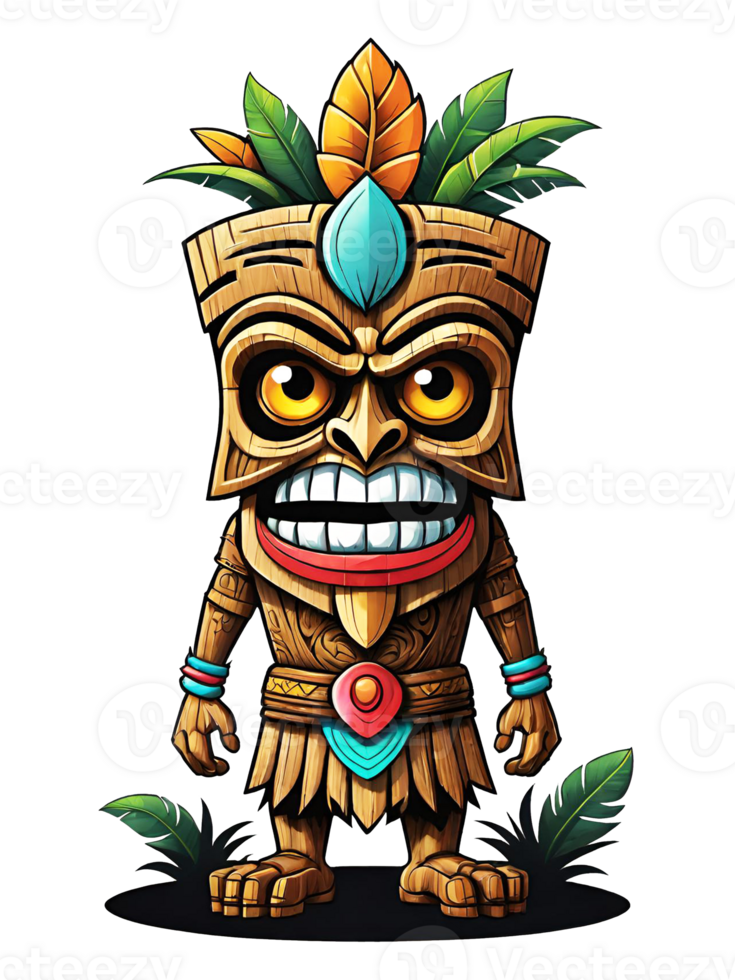 AI generated Tiki wooden tribal mascot cartoon character ethnic ornaments design on transparent background png