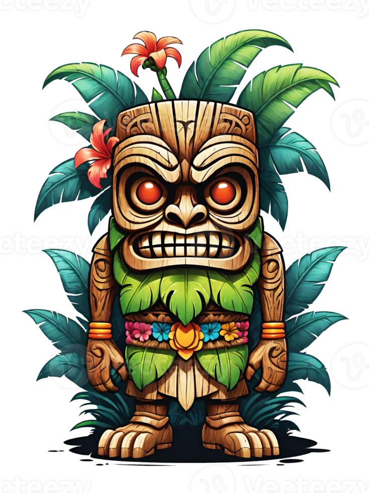 AI generated Tiki mask cartoon character with flowers and leaves on transparent background png