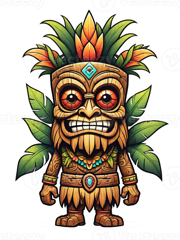 AI generated Tiki wooden tribal mascot cartoon character ethnic ornaments design on transparent background png