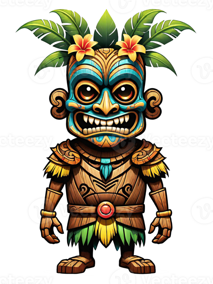 AI generated Tiki wooden tribal mascot cartoon character ethnic ornaments design on transparent background png