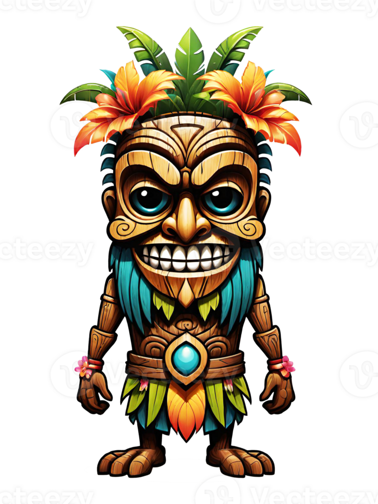 AI generated Tiki wooden tribal mascot cartoon character ethnic ornaments design on transparent background png