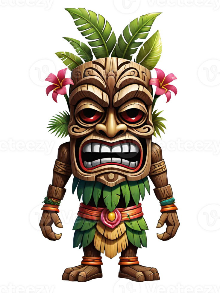 ai generiert Tiki hölzern Stammes- Maskottchen Karikatur Charakter hawaiisch Ornamente auf transparent Hintergrund Illustration png