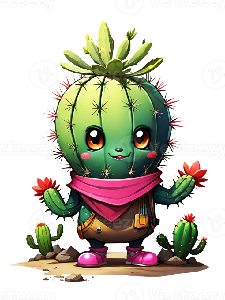 AI generated Cute cactus cartoon character isolated on transparent background illustration png