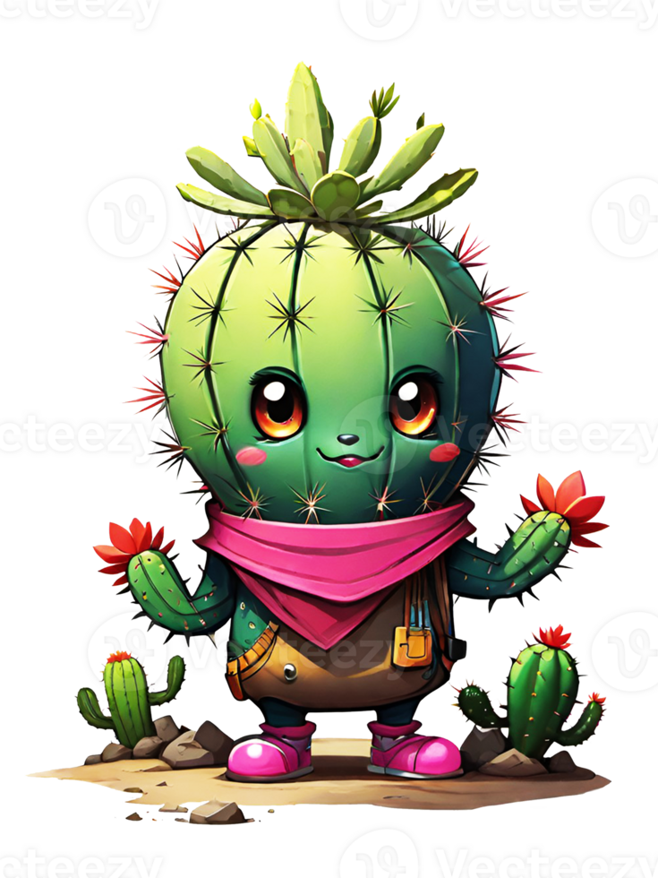 ai generado linda cactus dibujos animados personaje aislado en transparente antecedentes ilustración png