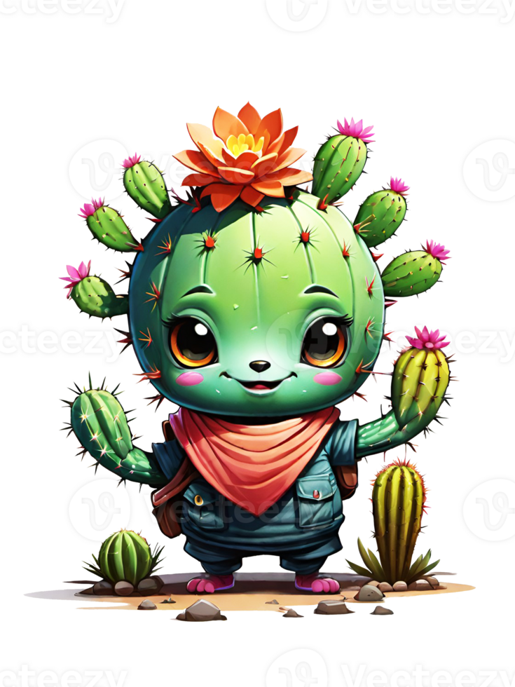 AI generated Cactus cartoon character with flowers illustration on transparent background png