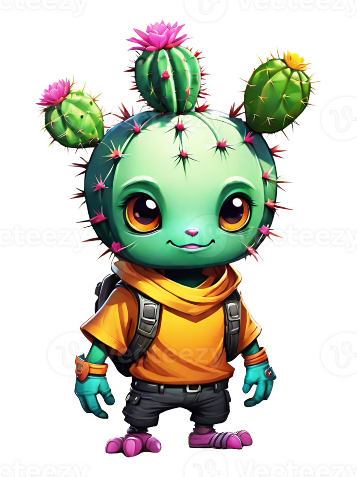 AI generated Cactus cartoon character with flowers illustration on transparent background png